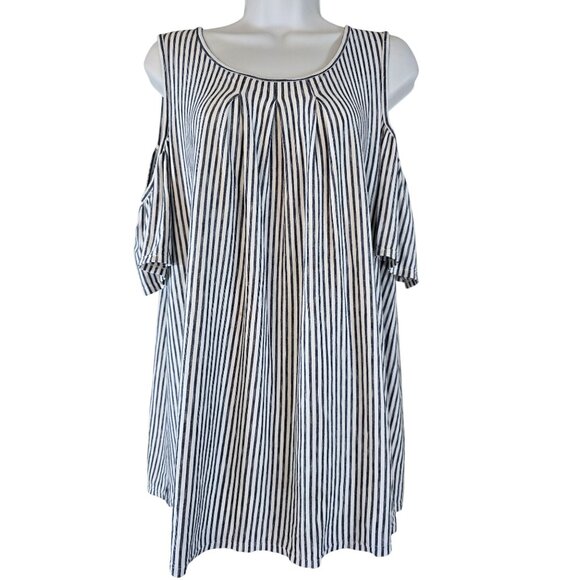 Max Studio Size 1X White Blue Stripe Cold Shoulder Top Blouse - Picture 1 of 6